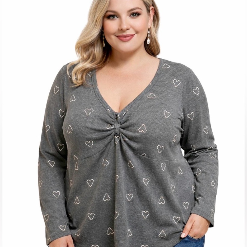 Torrid Thermal V Neck Long Sleeve Cinched Henley Gray candy cane Heart top 1X